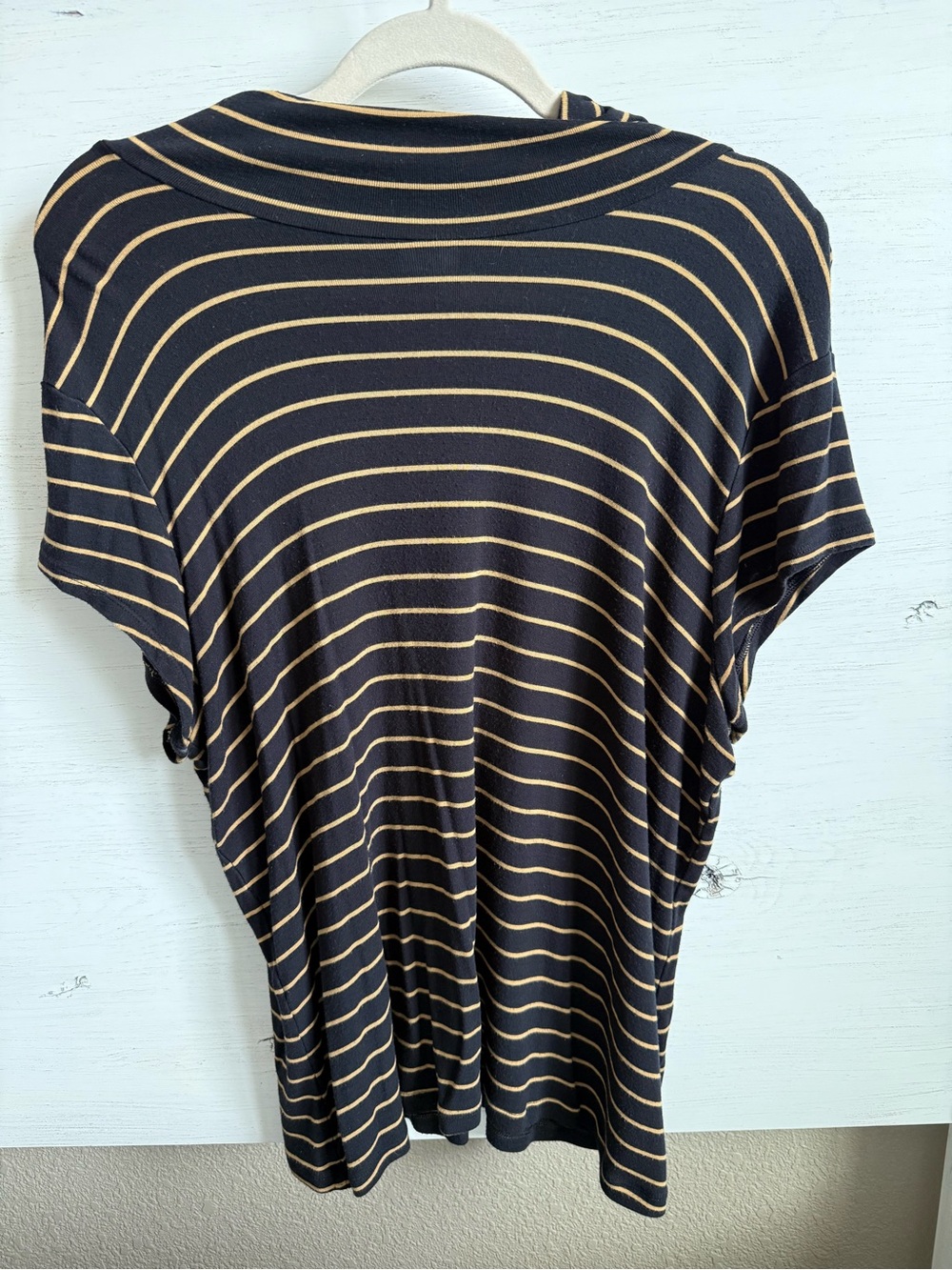 CAbi Black and Tan Short-Sleeve Striped Knit Top